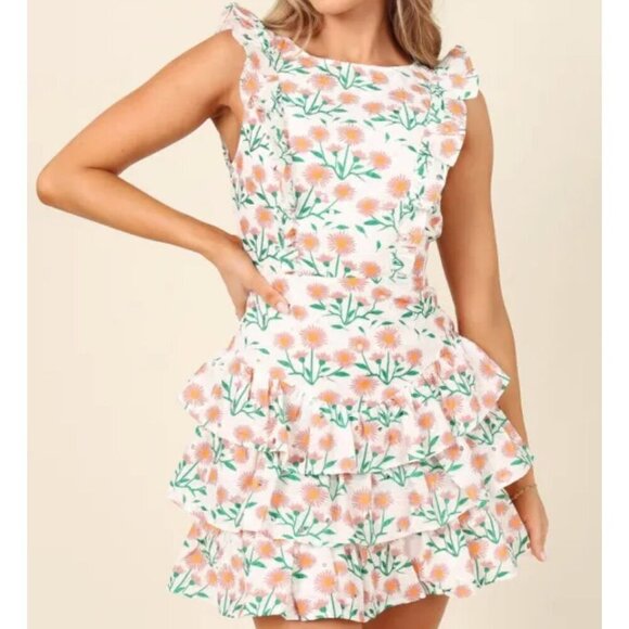 Petal & Pup Dresses & Skirts - Petal & Pup Anya Floral Ruffle Shoulder Puff Sleeve White Mini Dress US 10